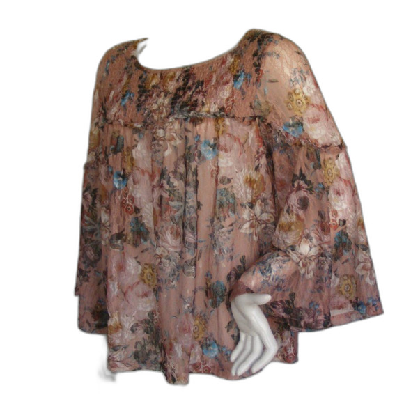 ANTHRO Akemi * Kin Top, L, Smocked, long Sleeve, Wide Neck, Floral, Pink… - Picture 3 of 14